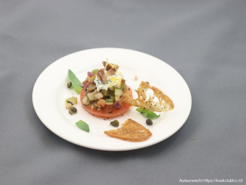 Tomaat, Caponata, Ricotta.Ansjovis