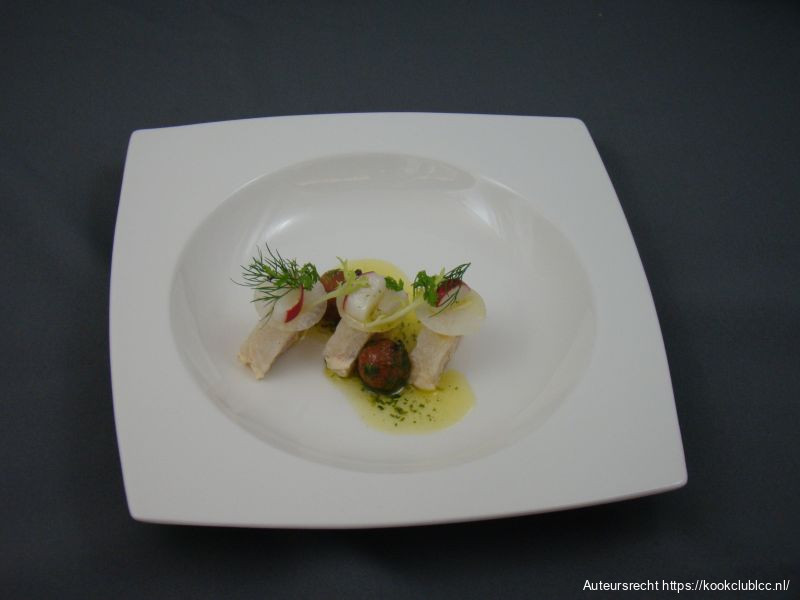 Cannelloni van gerookte heilbot met gepofte tomaatjes
