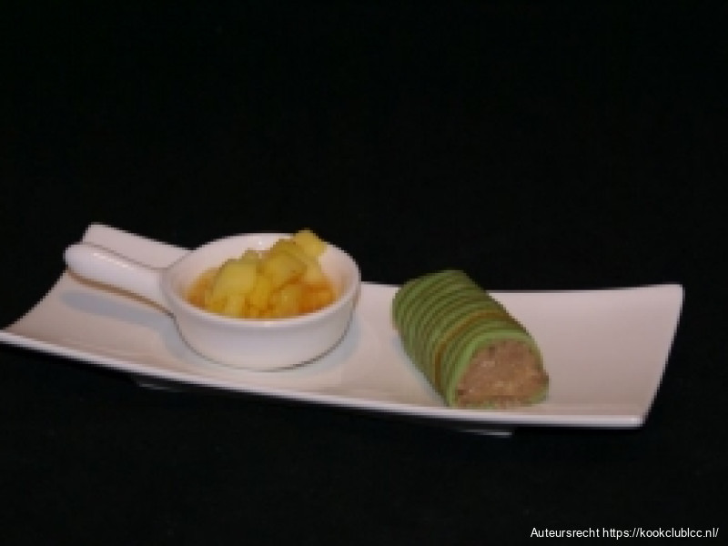 Cannelloni van eendenlever en spekkoek en mangochutney