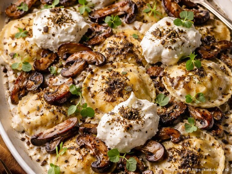Luxe vegetarische ravioli met truffelroomsaus, paddenstoelen en burrata